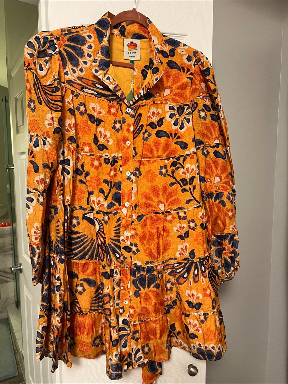 FARM Rio NWT Orange and Navy Floral Tiered Button Dress with removal belt
